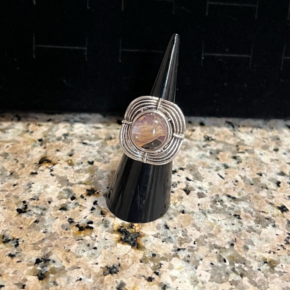 Jewelry - Silver Wire Wrapped Adjustable Ring with Tan/Clear Stone